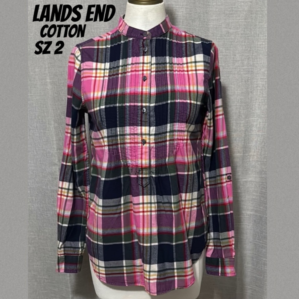 LANDS END PopOver Cotton Flannel-Sz 2-Pink Plaid-Round Neck-3/4 Sleeve Option